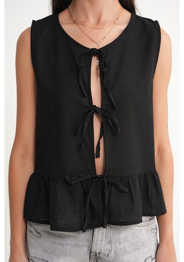 4717 Kadın Önü Bağcıklı Fırfırlı Kolsuz Keten Bluz Siyah Siyah