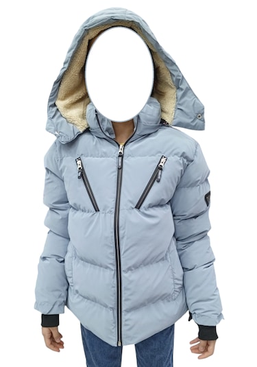 Erkek Çocuk /kız Çocuk Çapraz Fermuar Model Kapüşonu Çıkabilen İçi Peluş Astarlı Buz Mavi Renk Mont Açık Mavi