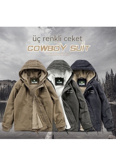 Yingfu Kışlık Erkek Gündelik Kalın Sıcak Kapüşonlu Ceket Kaban Haki Haki