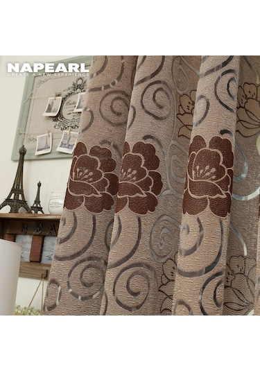 1 Adet Napearl Çiçek Klasik Jakarlı Kanca Tipi Pencere Perdesi Kısa Tül W100cm X L130cm Kahverengi