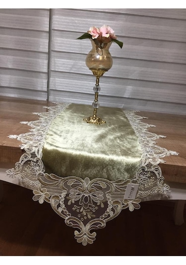 Gelin Çeyiz Yeşil Kadife Dantelli Runner