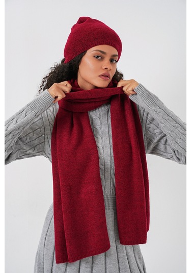 Kadın Triko Atkı Bere 15939 - Bordo Bordo