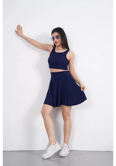 Sendy Kumaş Bisiklet Yaka Crop Şortlu Etek İkili Takım - Lacivert Lacivert