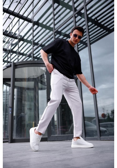 Erkek Gri Renk Esnek Likralı Fermuar Detaylı Jogger Pantolon-1752 Gri