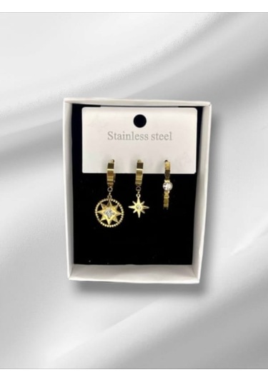 Kadın Gold Üçlü Takım Çelik Küpe