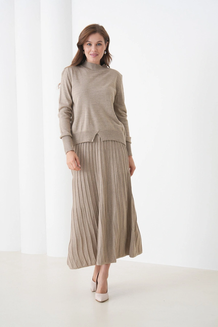 Kadın Pileli Etek Kazağı V Tasarım Tesettüre Uygun Örgü Triko Etek Kazak Takım Vizon