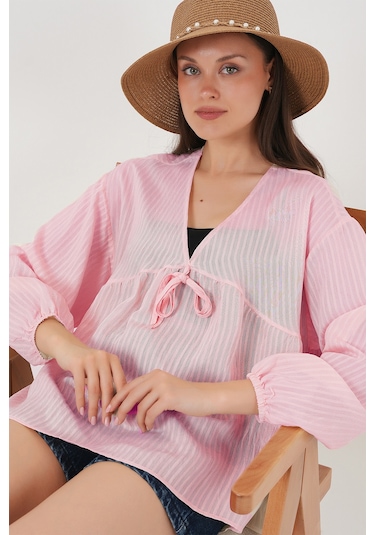 Kadın Önü Bağcıklı Uzun Kol Bluz 946 - Pembe Pembe