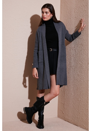 Lela % 100 Akrilik Triko Örme Uzun Bayan Hırka 4615212 Antrasit