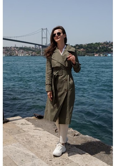 Pastelastore %100 Pamuk Gabardin Uzun 110cm Astarlı Kemerli Kadın Trençkot 1111 Haki