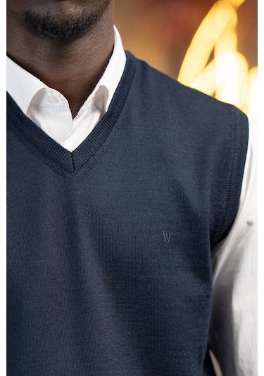 V Yaka Regular Fit Yünlü Kolsuz Triko Süveter Lacivert