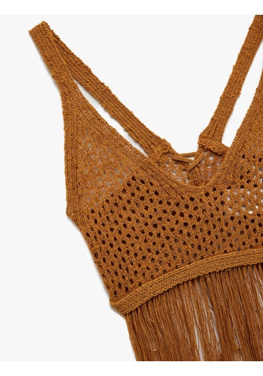 Koton Püsküllü V Yaka Kolsuz Sırt Detaylı Slim Fit Kroşe Crop Bluz Kahverengi 5sal30001ht Kahve