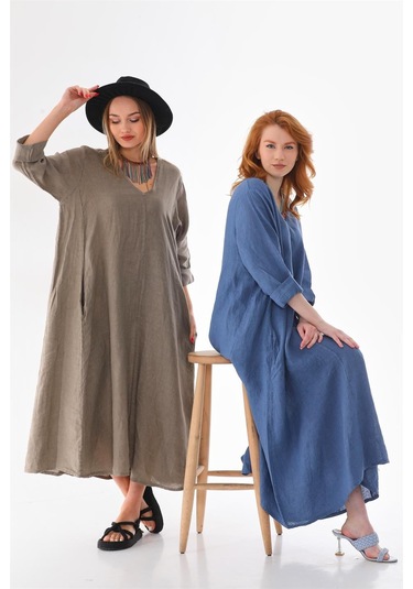 İtalyan V Yaka Uzun Kol Keten Elbise-8907 Petrol Mavisi