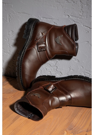 Ducavelli Rock Hakiki Deri Erkek Bağcıksız Kürklü Postal Bot, Harley Bot Kahverengi