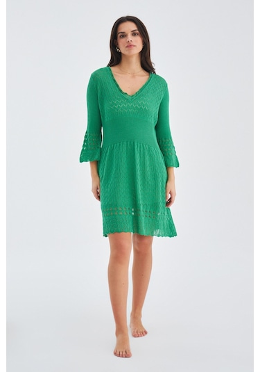 Peraluna YOHO DRESS Ajurlu V Yaka Diz Hizası Yazlık Kadın Triko E