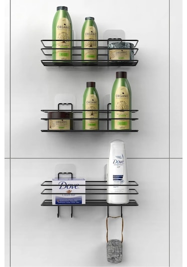 Siyah Yapışkanlı 3'lü Banyo Ve Mutfak Rafı 2 Adet Raf Ve Kancalı Raf Banyo Ve Mutfak Düzenleyici Siyah