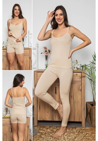 Kadın Krem Renkli Dantel Detaylı Şortlu Ve Taytlı Pijama Takımı 3'lü Set 75014 Krem