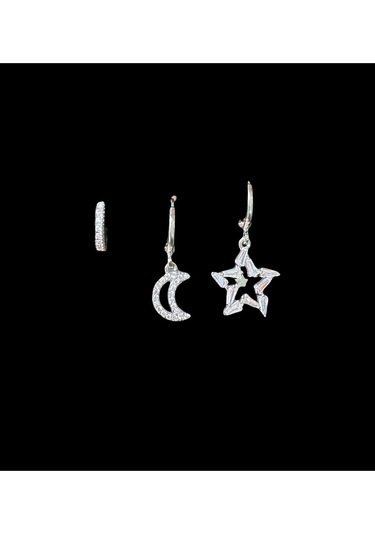 Ay Yıldız Üçlü Sallantılı Çelik Küpe Gri