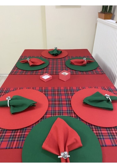 Kırmızı Masa Örtüsü , Ekose Runner , 2 Renk Supla Seti , Peçete 6 Kişilik