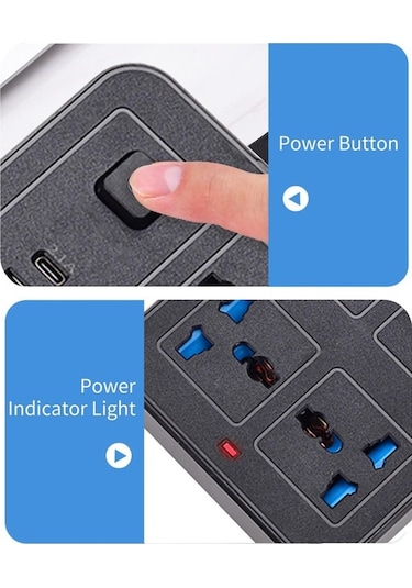 Pazly 6 Ac Soketli 3 Usb Tip C Güç Şeridi 6ft Uzatma Kablosu Ev Aşırı Gerilim Koruyucu Beyaz Eu Plug 1.8 M