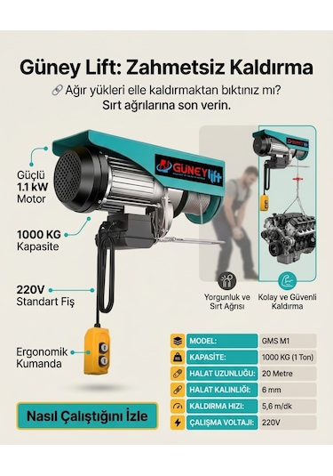 Monoray Vinç Sistemi 1 Ton 20 Metre Halatlı Kumandalı 220v