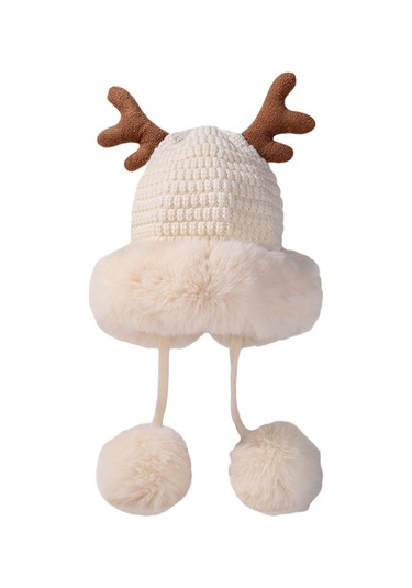 Kadınlar İçin Şık Noel Temalı Örgü Kulaklıklı Bere Renkli Boynuz Detaylı Sıcak Kış Şapkası Beyaz