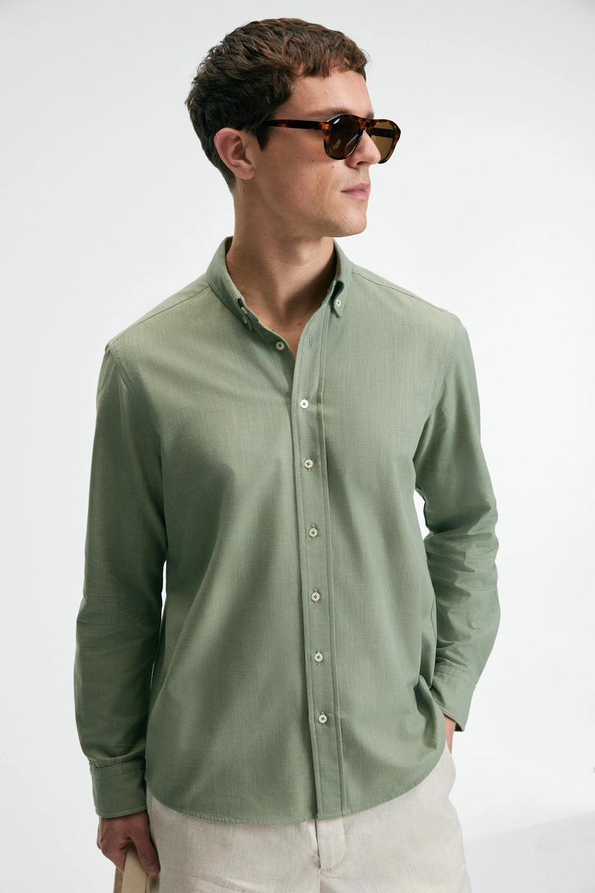 Grımelange Perttu Erkek %100 Pamuk Slim Fit Dar Kesim Düğmeli Yaka Keten Görünümlü Flamlı Haki Gömle Haki