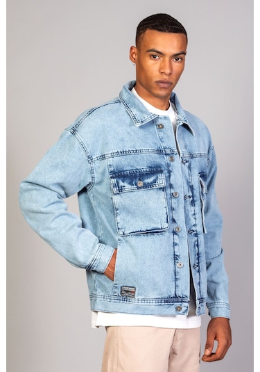 Erkek Buz Mavisi Körüklü Cep Oversize Kot Ceket Buz Mavi