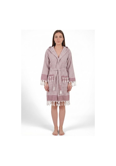 Kapşonlu Unisex Peştemal Plaj Bornozu %100 Pamuklu Seaside Stripe Bordo