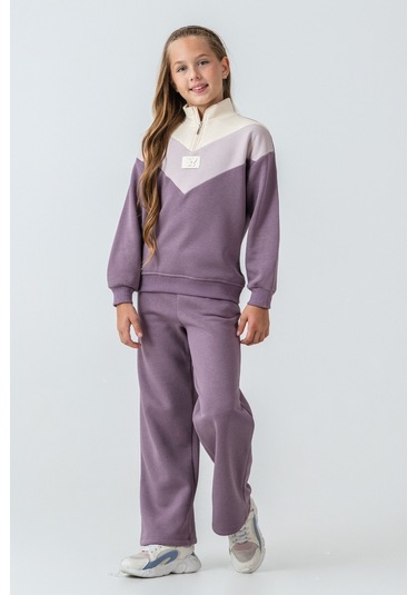 Kız Çocuk Kelebek Detaylı Yarım Fermuarlı 3 İplik Kalın Kışlık Eşofman Takımı Ak4233 Mor