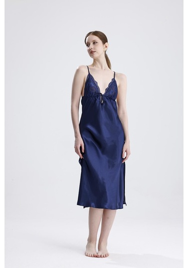 Laperissa Kadın Saten Dantelli Lacivert Gecelik Lacivert