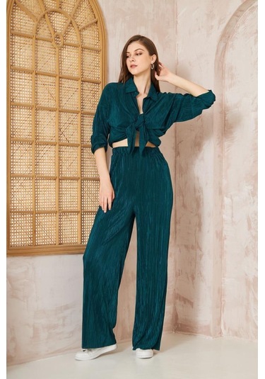 Kadın Pliseli Beli Lastikli Pantolon Tunik Gömlek Ikili Bürümcük Salaş Takım 3573300 Petrol