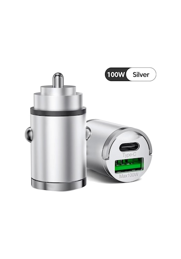 100w Mini Silver Çakmaklık Usb Type-c Soketli Araç İçi Süper Hızlı Şarj Adaptörü