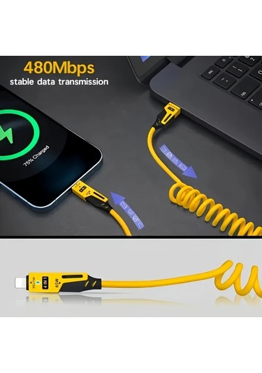 Userfriendly11 3lü Pd 65w 4ü1 Hızlı Şarj Kablosu Sarı Yeşil Mavi 15m Seyahat Araba Şarjı Teleskopik