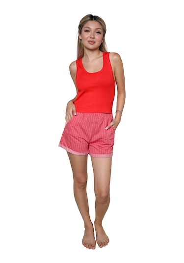 Akbeniz Kadın Kalın Askılı Şortlu Pijama Takım Kırmızı 3628
