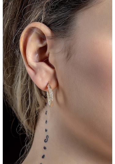 Moom Mücevherat Kadın 14 Ayar Altın Lazer Desenli Halka Küpe-MMKP1095