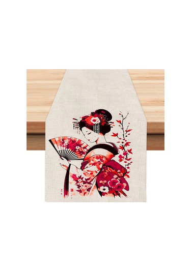 Çin Yelpazeli Kadın Runner, Runer, Masa Örtüsü, Sofranıza Zarafet Katın Runner, Masa Örtüsü Krem