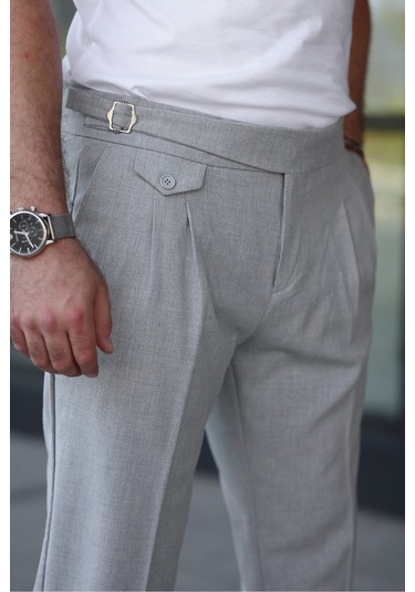 Kuşaklı Pileli Kemer Detaylı Old Money Kumaş Pantolon Gri