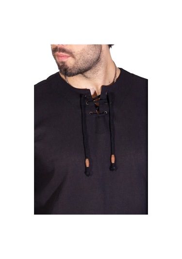 Uzun Kol Şile Bezi Zımbalı Erkek Tshirt Siyah 3003