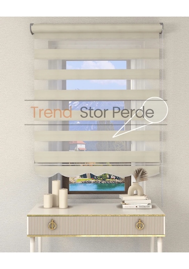 Geniş Plise Krem Etek Dilimli Zebra Stor Güneşlik Perde Kırık Krem