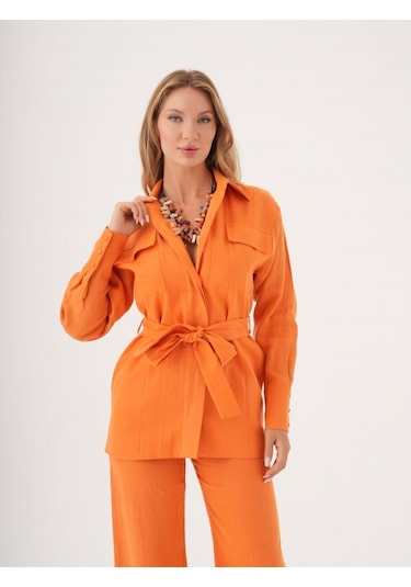 Kuşaklı Düz Form Keten Ceket Orange