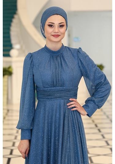Raika Moda Şık Tasarım Tül Kübra Abiye İndigo