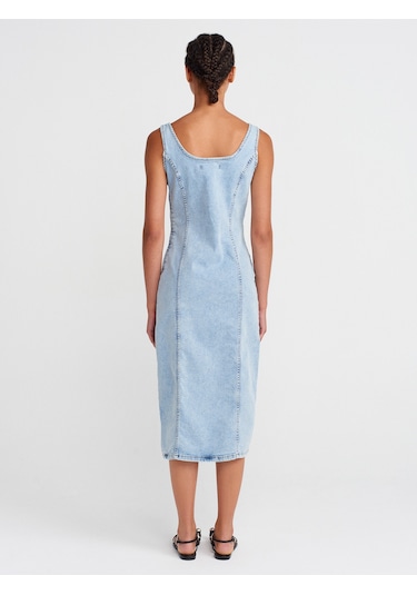 Dilvin 90565 Önü Derin Yırtmaçlı Denim Elbise-mavi Mavi
