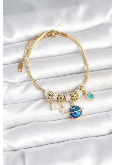 Pirinç Gold Renk Dünya Charmlı Kadın Bileklik - Tj-bb7987 Gümüş
