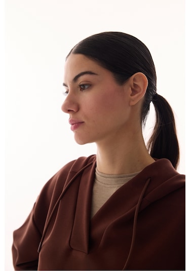 Penti Kahverengi V Yaka Oversize Kapüşonlu Sweatshirt