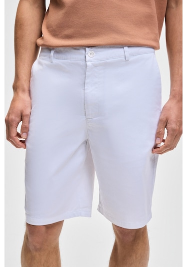 Grimelange TEEMO Erkek Yanları Cepli Fermuarlı Likralı Slim Fit Beyaz Şort