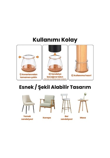 24 Adet Yuvarlak Sandalye Pabucu T:3,6cm U:3,6cm Şeffaf Silikon İnce Keçeli Sandalye Pabucu Şeffaf