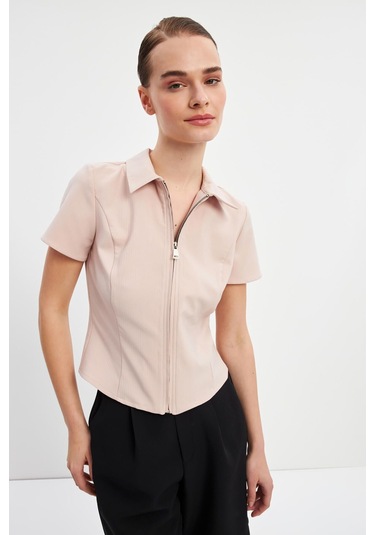 Stella Pulvis Pudra Fermuarlı Slim Fit Kuplu Bluz Pudra