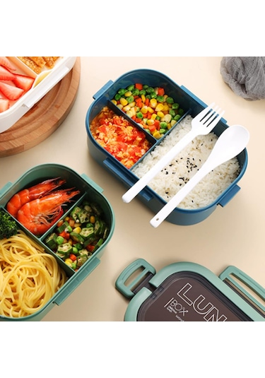 Taşınabilir Yemek Kabı Lunch Box 2 Katlı Diyet Beslenme Kutusu Saklama Kabı Çatal Kaşıklı Sefer Tası Açık Haki