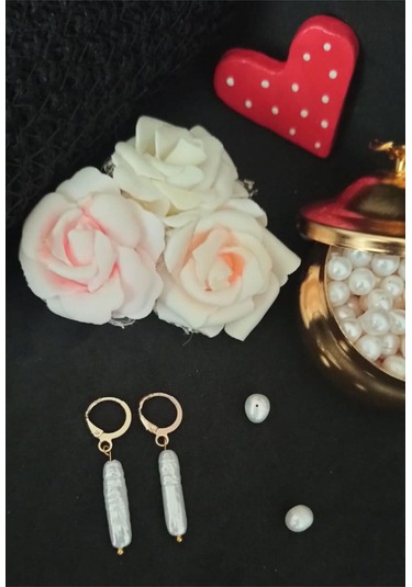 24k Altın Kaplama Eşsiz Uzun Gerçek İnci Tasarım Zarif Küpe Beyaz Gold