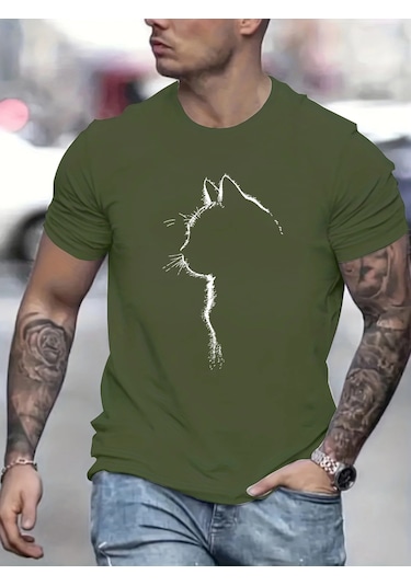 Guılan Erkek %100 Pamuk Yazlık Spor Tişört - Kedi Desenli Rahat Yuvarlak Boyun Kısa Kollugreen Green